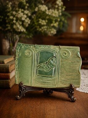 Carol Long Pottery Green Butterfly‎ Relief Ceramic Wall Plaque Tile Handmade OS